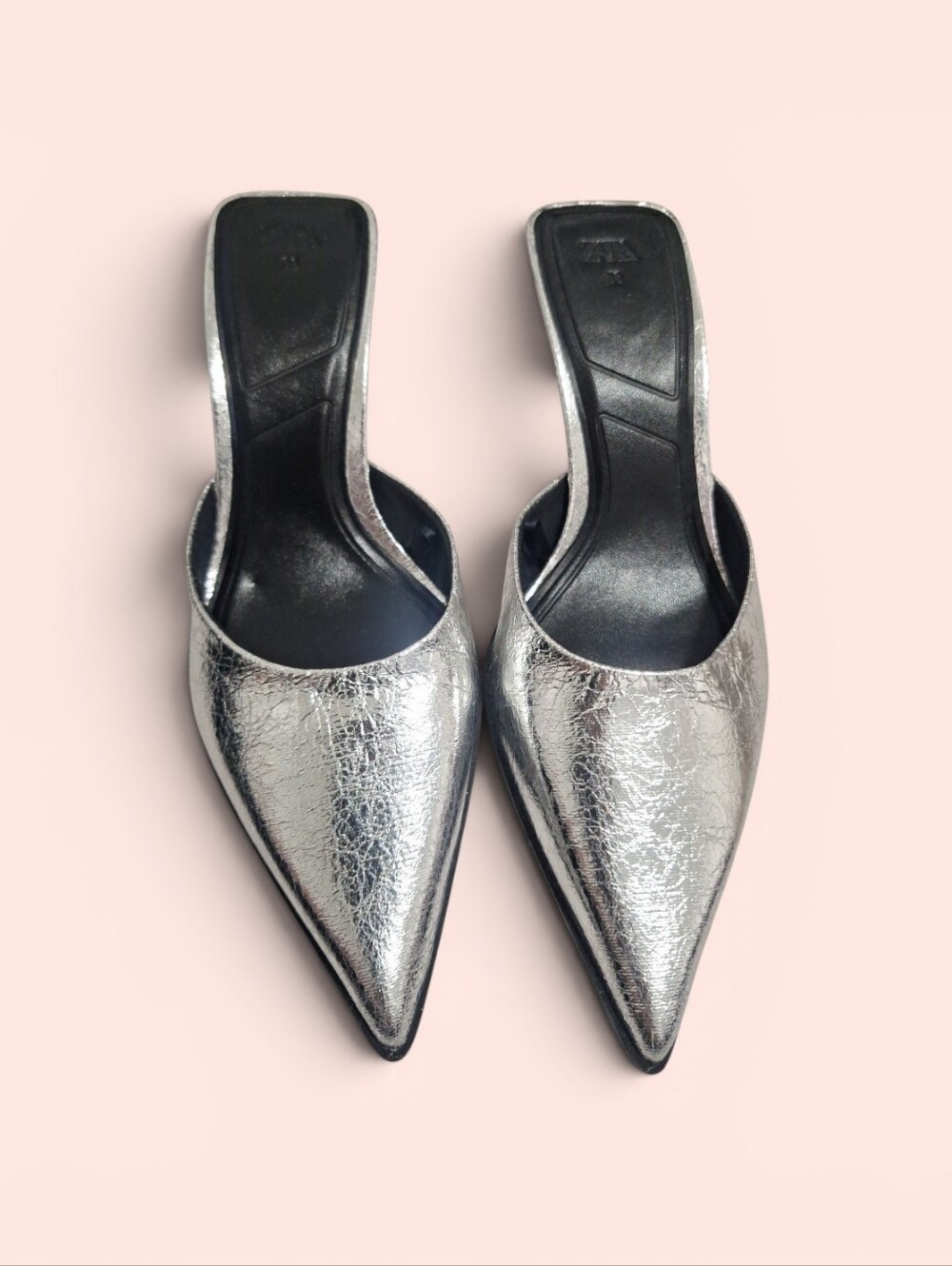 Zara Metallic Silver Pointed Mule Heels